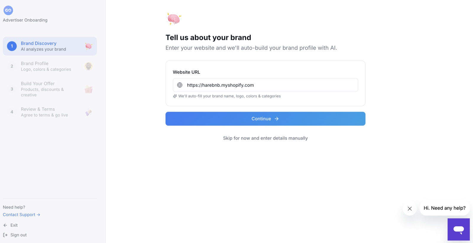Brand Discovery — Disco scans your site and auto-fills your profile