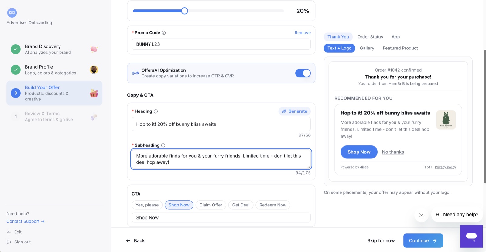 The offer builder — deal, copy, and the live preview