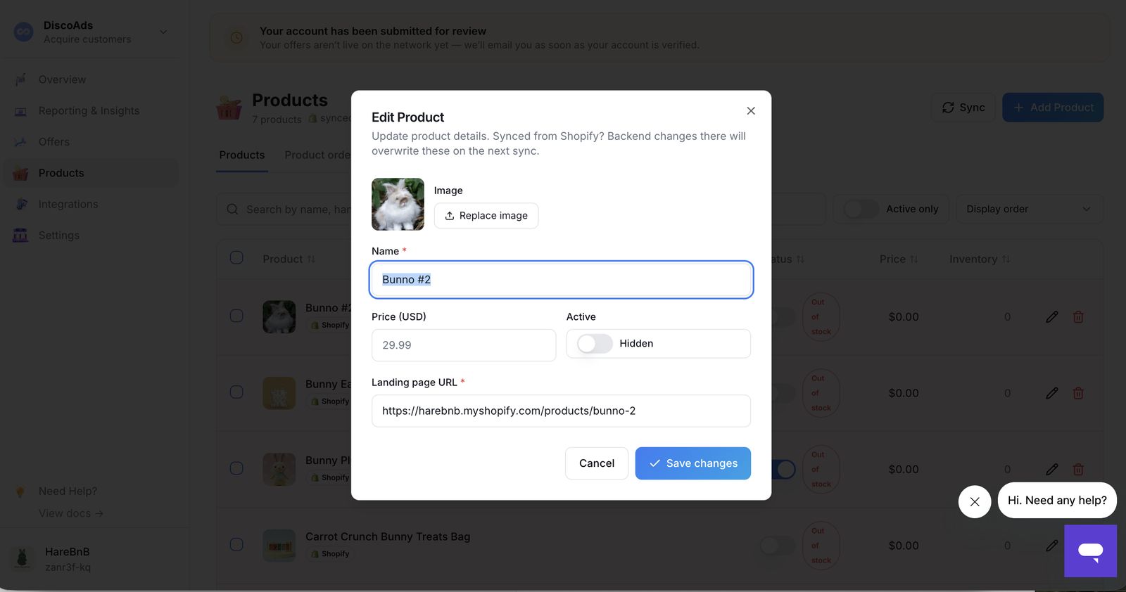 Editing a product — title, price, and landing page