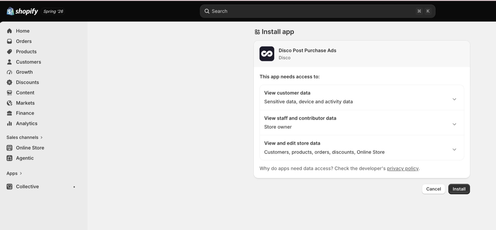 Installing the Disco Post Purchase Ads app from your Shopify admin