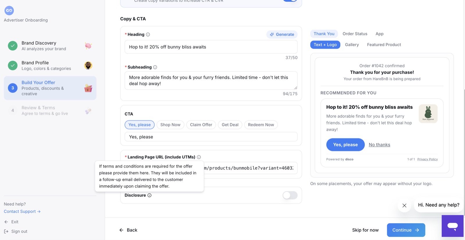 CTA options, landing page URL with UTMs, and the disclosure toggle