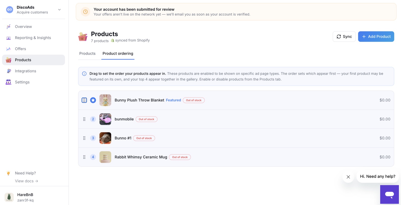 Product ordering — drag to set the order; your first product may be featured on its own