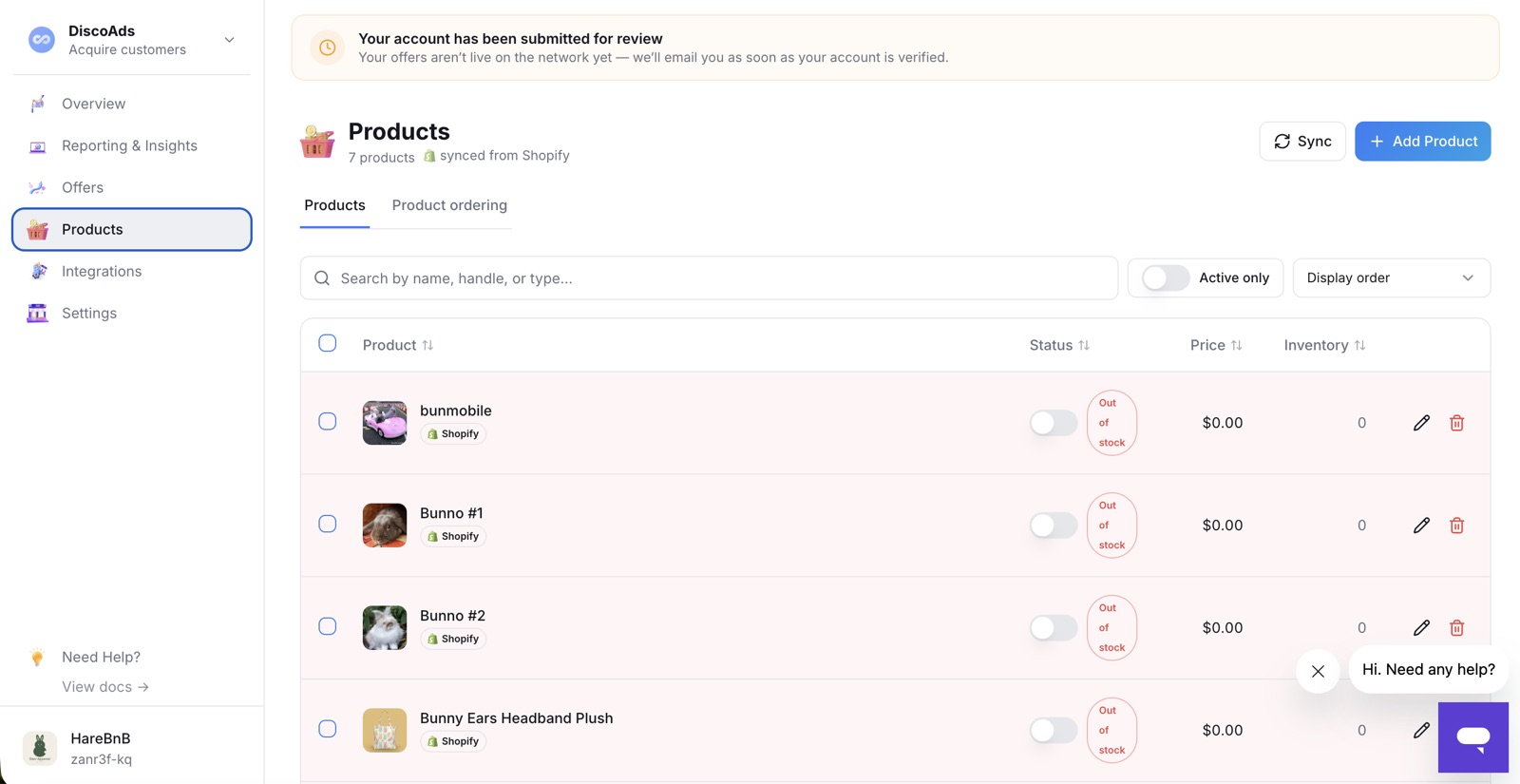 The Products tab — synced from Shopify