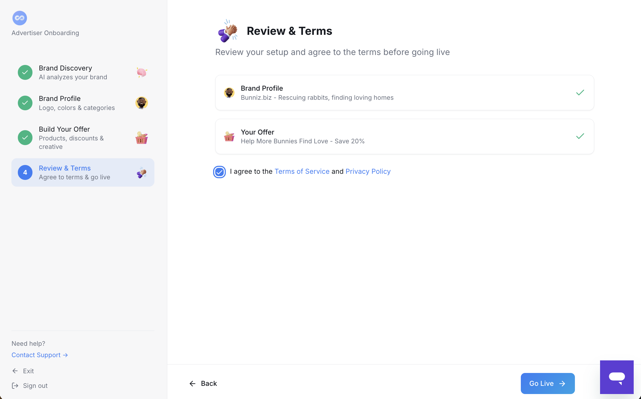 Review & Terms — the final onboarding step before your account is submitted for review
