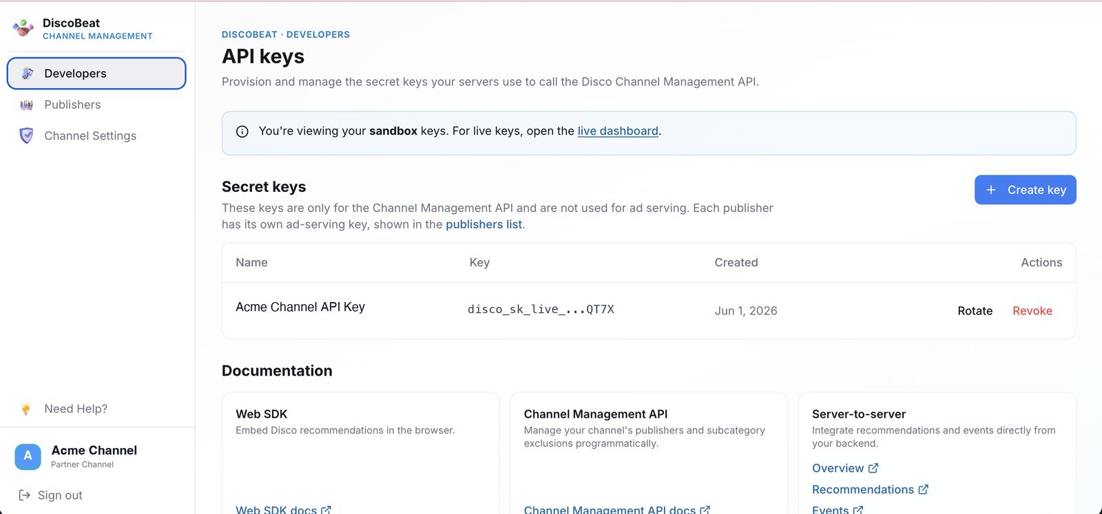The API keys page in Channel Management