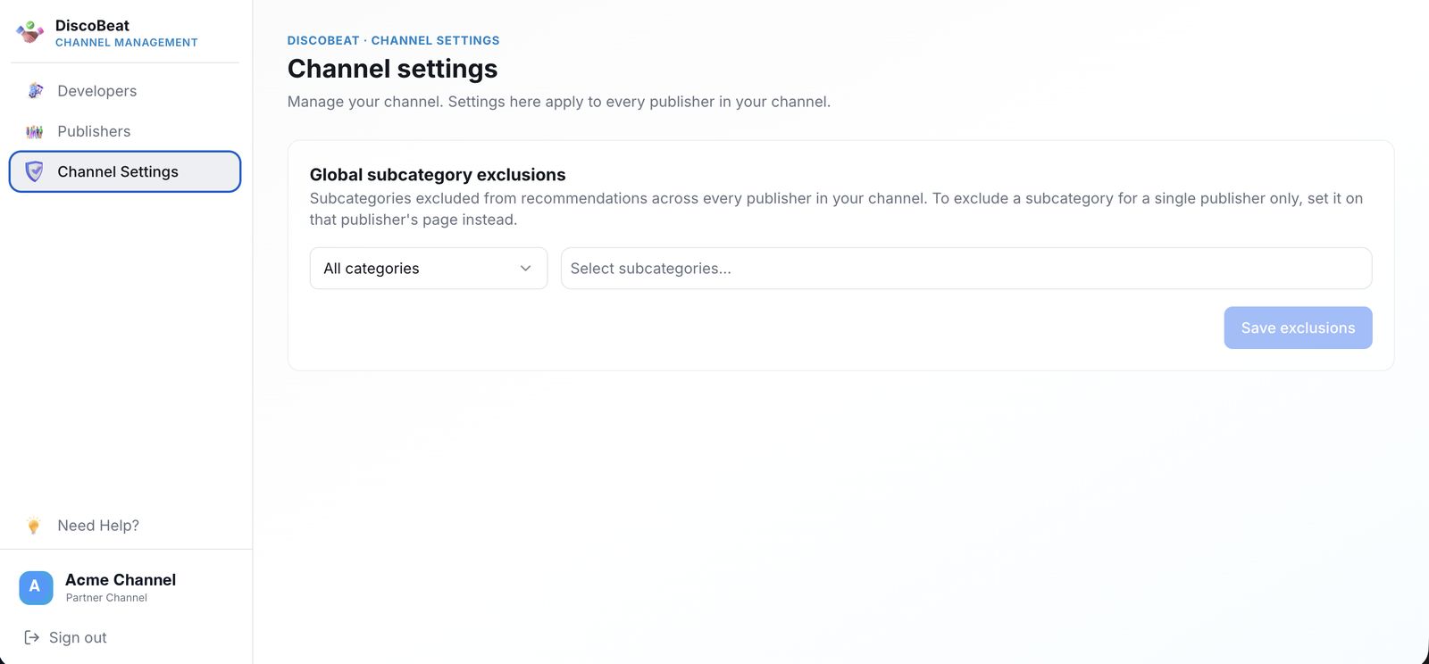 Channel Settings — global subcategory exclusions