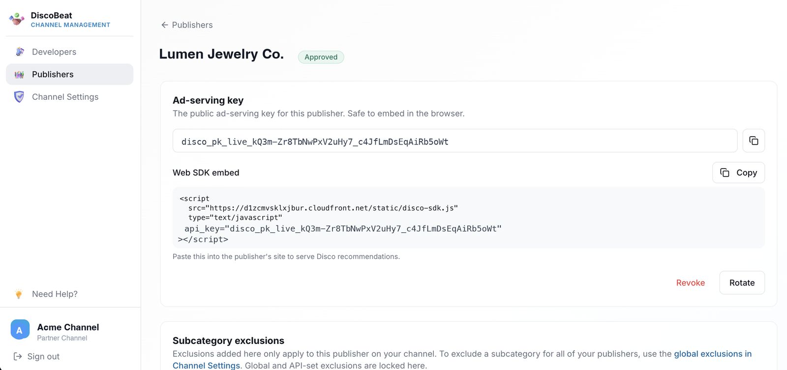 A publisher's detail page — ad-serving key and ready-made Web SDK embed