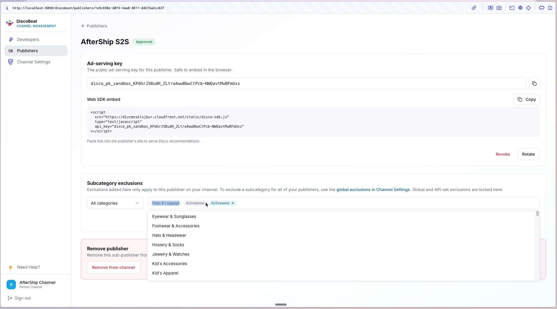 Grayed = inherited from global settings; blue = publisher-specific — demo capture; clean screenshot to come