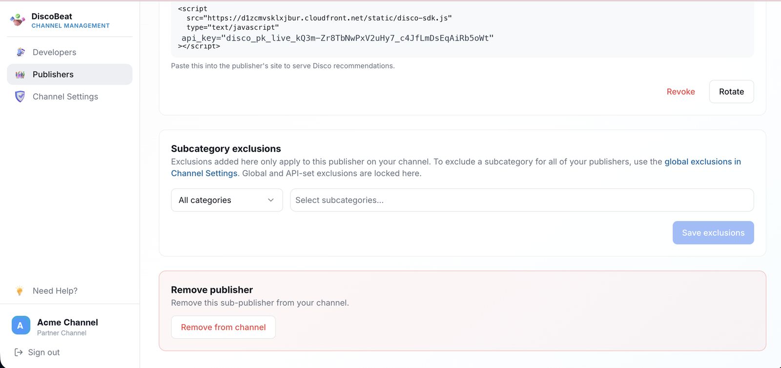 A publisher's Subcategory exclusions panel