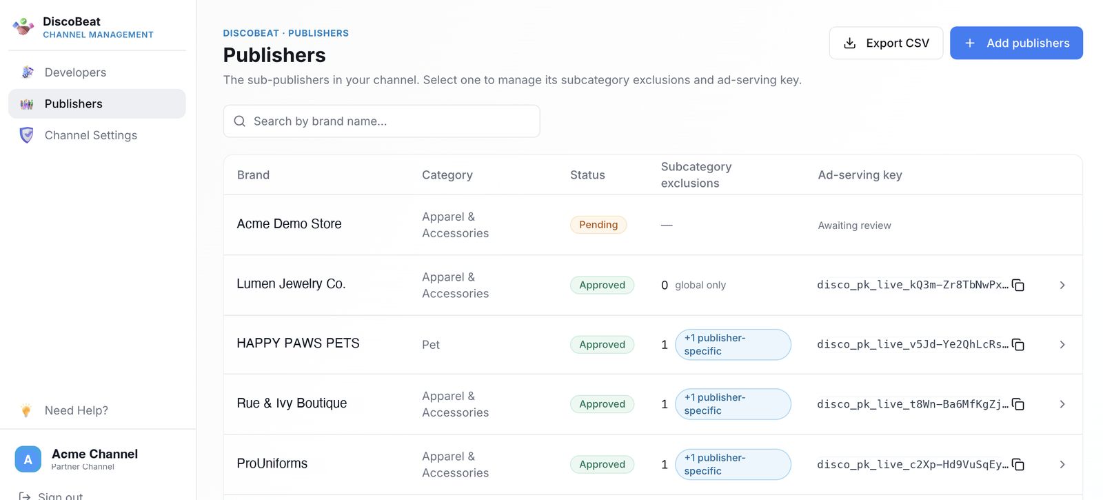The Publishers list — status, exclusions, and ad-serving key per publisher