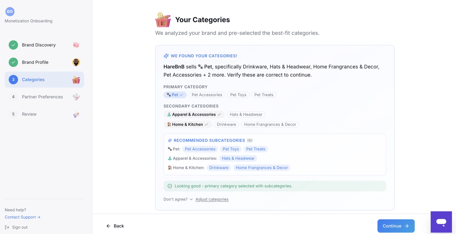 Monetization Onboarding — categories pre-selected, sensitive content auto-excluded