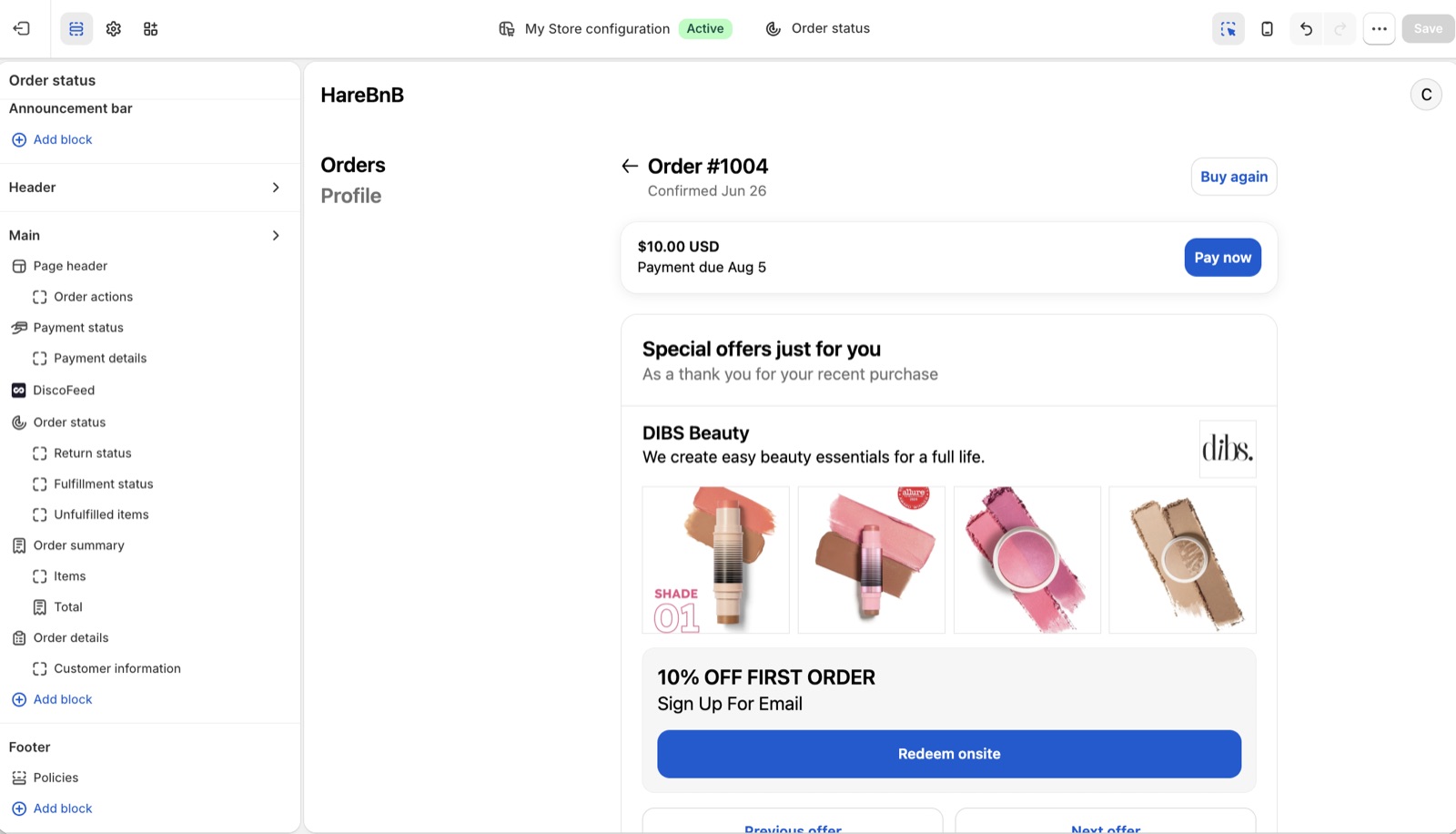 DiscoFeed on the Order Status page