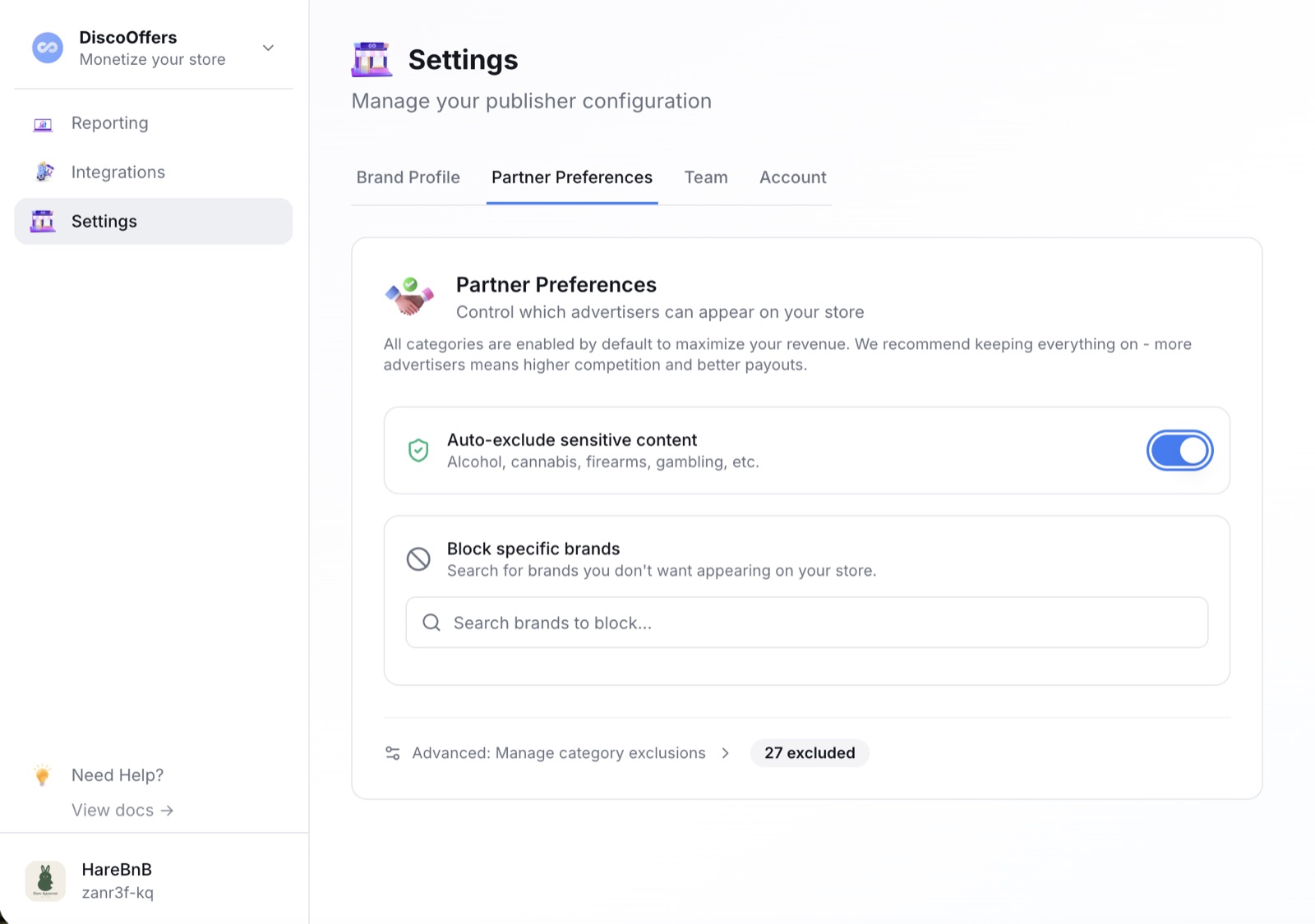 Partner Preferences — sensitive-content auto-exclude, brand blocks, and category exclusions