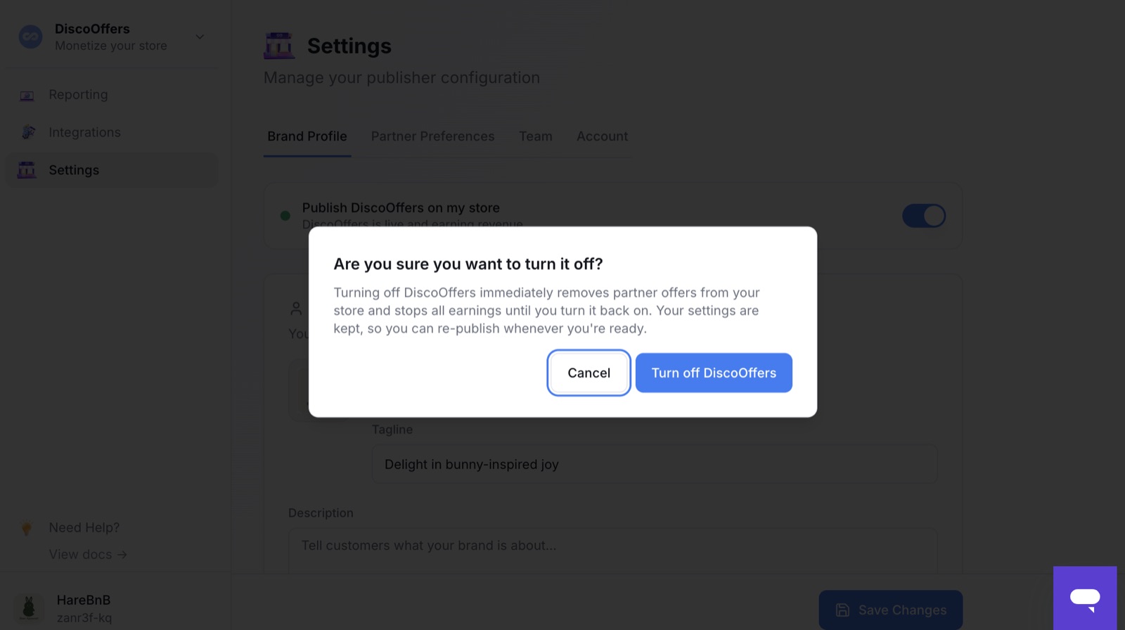 Turning off DiscoOffers — offers stop showing, settings are kept